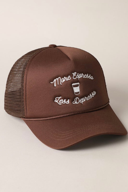 More Espresso Less Depresso Embroidery Trucker Hat